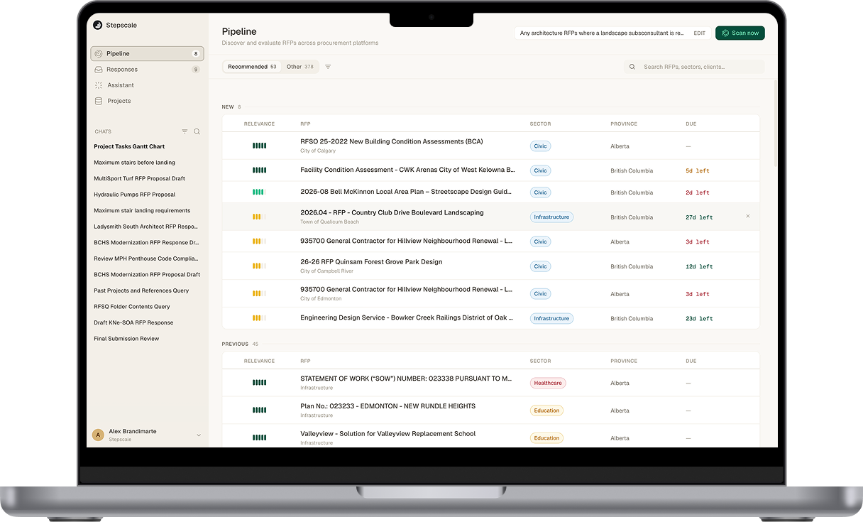 Stepscale Pipeline — discover and evaluate RFPs across procurement platforms